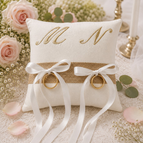 Coussin porte alliances mariage brodé à vos initiales bohème Chic - Villa Farese