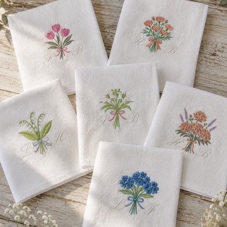 Six Serviettes de table brodées prénom ou initiale damassé vintage - Collection bouquet de Fleurs - Villa Farese