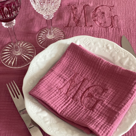 Serviette de table brodée personnalisée à vos initiales double gaze de coton - Villa Farese