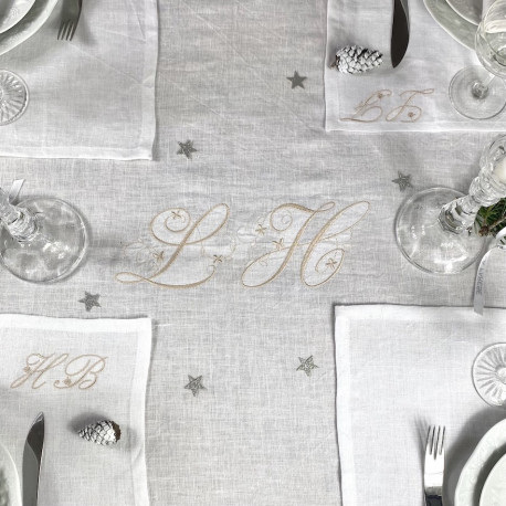 Nappe rectangle brodée personnalisée à vos initiales en lin naturel fabriqué en France - 140x250 - Villa Farese