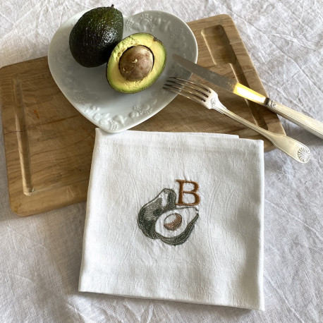 Torchon blanc vintage brodé personnalisé à vos initiales thème légumes - Villa Farese