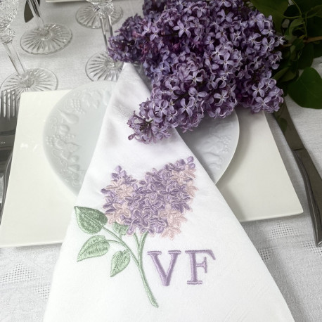 Serviette brodée à vos initiales FLEUR LILAS - Villa Farese