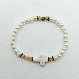 Bracelet perles blanc nacré et topaze avec croix - Villa Farese