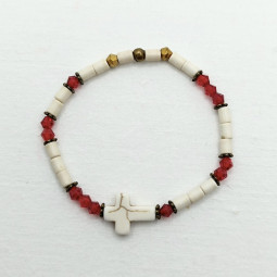 Bracelet perles ivoire et rouge avec croix - Villa Farese