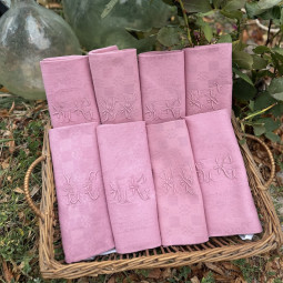 Huit serviettes brodées main antique monogramme LC et BF rose ancien