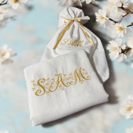 Nappe brodée à vos initiales damassé coton vintage 160x255cm - Villa Farese