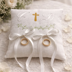 Coussin porte alliances mariage brodé à vos initiales, fleurs, croix et date de votre mariage 20x20cm - Villa Farese