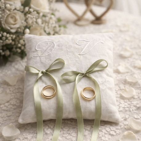 Coussin porte alliances mariage brodé à vos initiales 20x20cm - Villa Farese